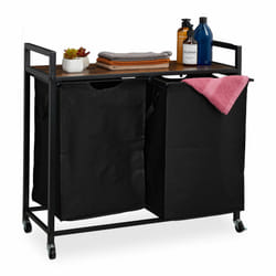 Meuble à linge, 2 compartiments coulissants, 4 roulettes, design industriel, salle de bain, chambre, noir/brun - Relaxdays