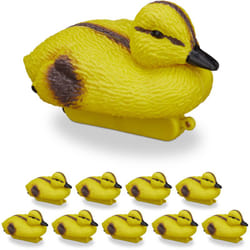 Relaxdays - Caneton en plastique, lot de 10, canard jaune, pour étang de jardin, déco extérieur, avec œillet, jaune/noir