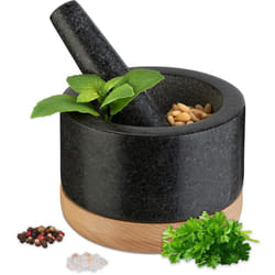 Mortier avec pilon, en granite, support en bois, dimensions du mortier seul h x d : 8,5 x 14 cm, noir & nature - Relaxdays