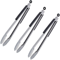 Relaxdays - Pince de barbecue, lot de 3, long ustensile pour le grill, 38 cm, poignée en bois, acier inoxydable, argent/noir