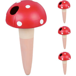 Relaxdays Arrosage en terre cuite, lot de 4, 100 ml chacun, pour plantes, en forme de champignon, marron et rouge