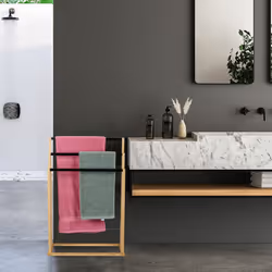 Porte-serviettes en bambou, 3 barres en quinconce, h x l x p : 82 x 55 x 24 cm, salle de bain, nature et noir - Relaxdays