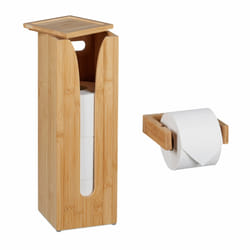 Relaxdays - Lot avec support à papier toilette, bambou, 4 rouleaux, à fixer au mur & compartiment non fixe, nature