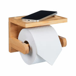 Relaxdays - Dérouleur papier toilette avec mini étagère, pour portable & clés, bambou, HxLxP : 12,5x16,5x12,5 cm, nature