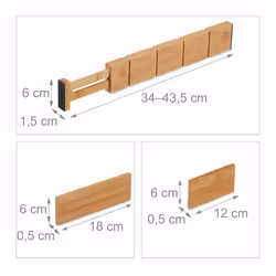 Séparateur pour le tiroir, 13 pièces, 4 séparateurs avec longueur réglable entre 34 et 43,5 cm, bambou, nature - Relaxdays - Vue supplémentaire 4
