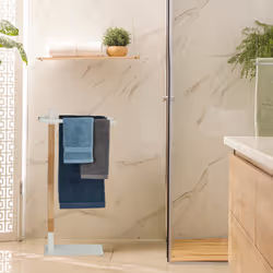 Porte-serviettes, 2 barres, non fixe, acier et mdf, hlp : 78 x 40 x 20 cm, salle de bain, blanc et nature - Relaxdays