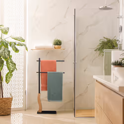 Porte-serviettes non fixe, avec 2 barres, en acier et mdf, pour la cuisine ou la salle de bain, noir et marron - Relaxdays
