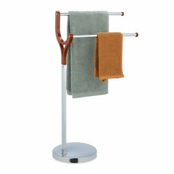 Porte-serviettes non fixe, avec 2 barres, en acier et mdf, pour salle de bain ou cuisine, argenté et marron - Relaxdays