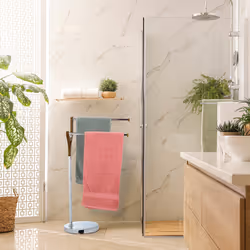 Porte-serviettes non fixe, avec 2 barres, en acier et mdf, pour salle de bain ou cuisine, argenté et marron - Relaxdays