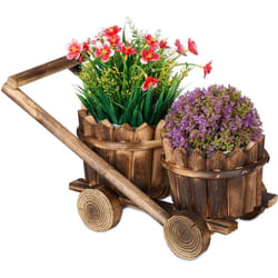 Relaxdays - Chariot décoratif avec 2 pots de fleurs, à planter directement, HxLxP: 19x17,5x37 cm, jardinière bois, marron