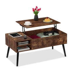 Relaxdays - Table basse, plateau relevable, 2 compartiments, hlp : 46x100x50 cm, meuble de salon avec rangement, marron