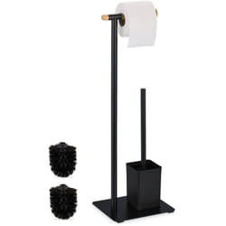 Relaxdays - Serviteur wc, bambou, acier inoxydable, support à poser, brosse et porte-brosse, noir - nature