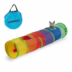 Relaxdays Tunnel pliable pour chat, LxD : env. 115 x 25 cm, avec 2 trous, sac de transport, jouet interactif, coloré