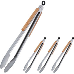 Pince de barbecue, lot de 4, long ustensile pour le grill, 38 cm, poignée en bois, acier inoxydable, argent/nature