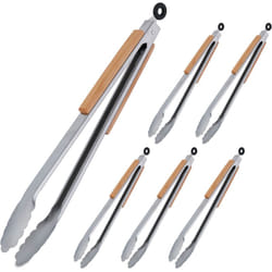Relaxdays - Pince de barbecue, lot de 6, long ustensile pour le grill, 38 cm, poignée en bois, acier inoxydable, argent/nature