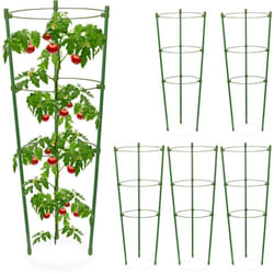 Relaxdays - Tuteur à tomates, lot de 6, 3 anneaux, HxD : 45 x 18 cm, pour plantes utilitaires, métal & plastique, vert