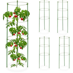 Relaxdays - Tuteur à tomates, lot de 5, 3 anneaux, HxD : 60 x 20 cm, pour plantes utilitaires, métal & plastique, vert