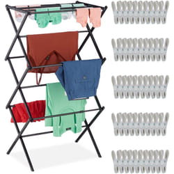 Relaxdays - séchoir à linge pliable, 6 niveaux, 11 barres, avec 50 pinces à linge, extensible, étendoir en métal, noir