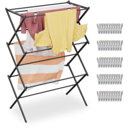 Relaxdays - séchoir à linge pliable, 6 niveaux, 11 barres, avec 50 pinces à linge, 38x74x102 cm, étendoir en métal, noir