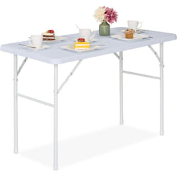 Relaxdays - Table de jardin, aspect bois, rectangulaire, plastique et métal, pliable, h x l x p 74 x 118 x 60 cm, blanche