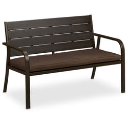 Banc de jardin avec coussin, aspect bois, hlp: env. 78 x 118 x 66 cm, 2 places, stable, en plastique, marron - Relaxdays