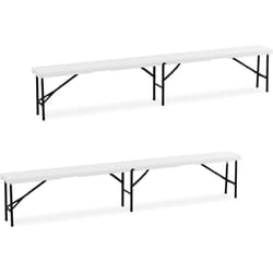 Banc pliable, lot de 2, en plastique et acier, pour jardin, terrasse, camping, hlp : 43 x 240 x 30 cm, blanc - Relaxdays