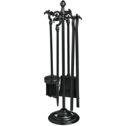 Serviteur pour cheminée, 5 pièces, tisonnier, pelle, balai, pince & support, pour poêle, fonte, noir - Relaxdays