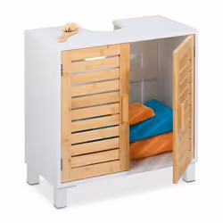 Relaxdays Meuble sous-lavabo avec 2 portes HxLxP : 60x60x32 cm bambou & MDF rangement salle de bain blanc - nature