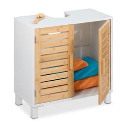 Relaxdays Meuble sous-lavabo avec 2 portes HxLxP : 60x60x32 cm bambou & MDF rangement salle de bain blanc - nature