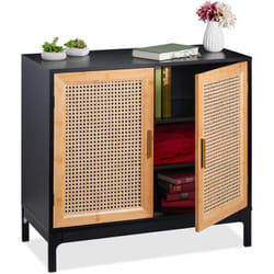 Meuble avec rotin tressé, HxLxP : 76x80x39 cm, commode salon, 2 portes, mdf & bambou, noir - nature - Relaxdays