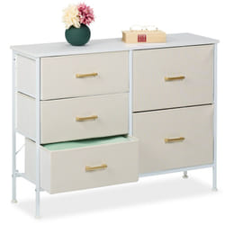 Commode à 5 tiroirs, hlp : 76 x 100 x 31 cm, meuble de rangement, chambre, couloir, métal, tissu, blanc/doré - Relaxdays