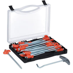 Piquets de tente, lot de 30, sardines fixation sol dur, 20,5 cm, avec boîte & extracteur, argent/orange - Relaxdays