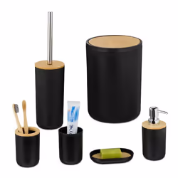 Relaxdays accessoires de salle de bain 6 pièces en plastique et bambou set complet noir et nature