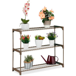 Relaxdays - tagère à plantes, 3 niveaux, pour vos trésors verts, métal et plastique, h x l x p : 79 x 91 x 28 cm, marron
