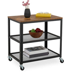 Relaxdays - Chariot de service, 3 niveaux, design industriel, h x l x p : 61 x 60 x 40 cm, roulettes, noir et marron