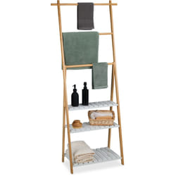 Relaxdays - Porte-serviettes, 3 barres, 3 étagères, Meuble Serviettes, HxLxP: 151x64,5x32 cm, bambou, mdf, nature/blanc