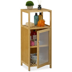 Relaxdays - Meuble de salle de bain, HxLxP: 87,5 x 36,5 x 35 cm, colonne toilette étroite, 2 étagères, avec porte, nature
