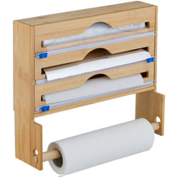 Relaxdays - Distributeur papier aluminium et film alimentaire, porte-rouleaux mural, bambou, HxLxP 31 x 36 x 10 cm, nature
