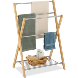 Relaxdays - Porte-serviettes, 4 barres, étagère, bambou et fer, pour la cuisine ou la salle de bain, nature et argenté