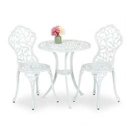 Relaxdays - Salon de jardin, pour 2 personnes, design romantique, fonte d'aluminium, table et 2 chaises, blanc