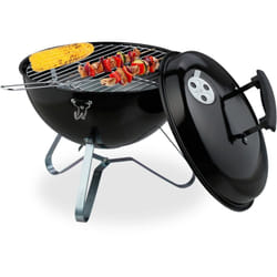 Relaxdays - Barbecue portable, grill rond, ø 37 cm, pour table, jardin, balcon, avec couvercle, bac à charbon, noir
