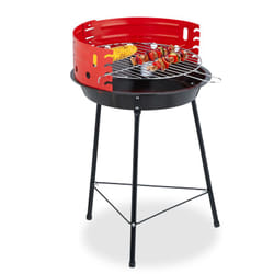 Relaxdays - Barbecue charbon de bois tripode, ø 42 cm, Grill rond sur 3 pieds, Protection contre le vent, noir/rouge