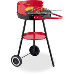 Relaxdays - Barbecue charbon de bois avec roulettes, ø 42 cm, Grill rond sur roues, Protection contre le vent, noir/rouge