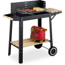Relaxdays - Grill avec roues, 2 étagères, grille ajustable, pare-vent, chariot h x l x p : 80,5 x 86 x 42 cm, noir