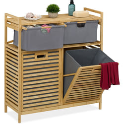 Relaxdays - Meuble à linge, 2 sacs, 2 petits paniers, bambou et polyester, h x l x p : 95 x 88 x 33 cm, nature et gris