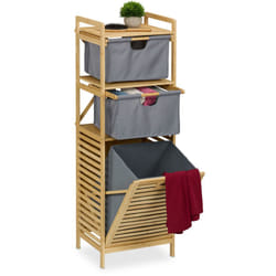 Relaxdays - Meuble à linge, sac de capacité 30 litres, paniers pratiques, bambou et polyester, 120x40x33 cm, nature & gris