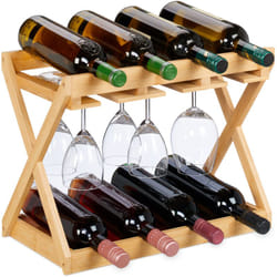 Relaxdays - Casier à vin avec porte-verres, pour 8 bouteilles & 6 verres, bambou, h x l x p: 35 x 45 x 23 cm, naturel