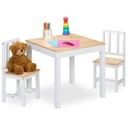 Relaxdays - Ensemble de salle à manger pour enfants, 3 pièces, table avec 2 chaises, coin jeux pour chambre, blanc/nature