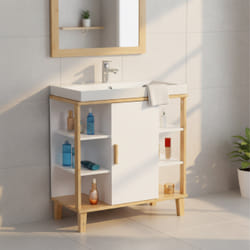 Meuble Sous Lavabo Relaxdays, 6 Étagères, H X L X P : 65 X 64 X 31 Cm, Bambou Et Mdf, Blanc/nature