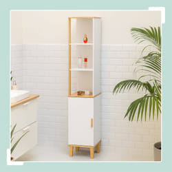Armoire De Salle De Bain Relaxdays, H X L X P : 169x33x31 Cm, 5 Étagères, Bambou, Mdf, Haute, Étroite, Blanc/nature.
